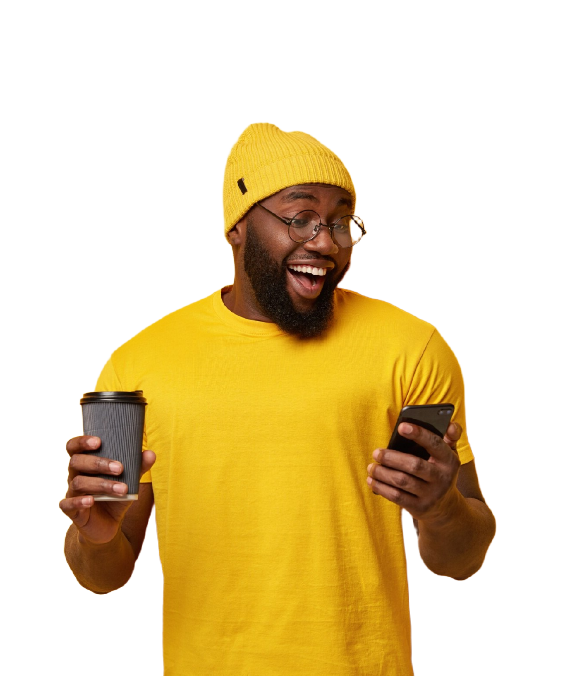 Happy person with phone and coffee